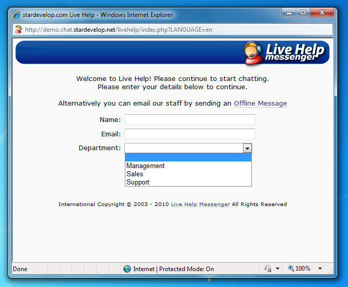 Chat Window - Visitors can easily select an Online Department